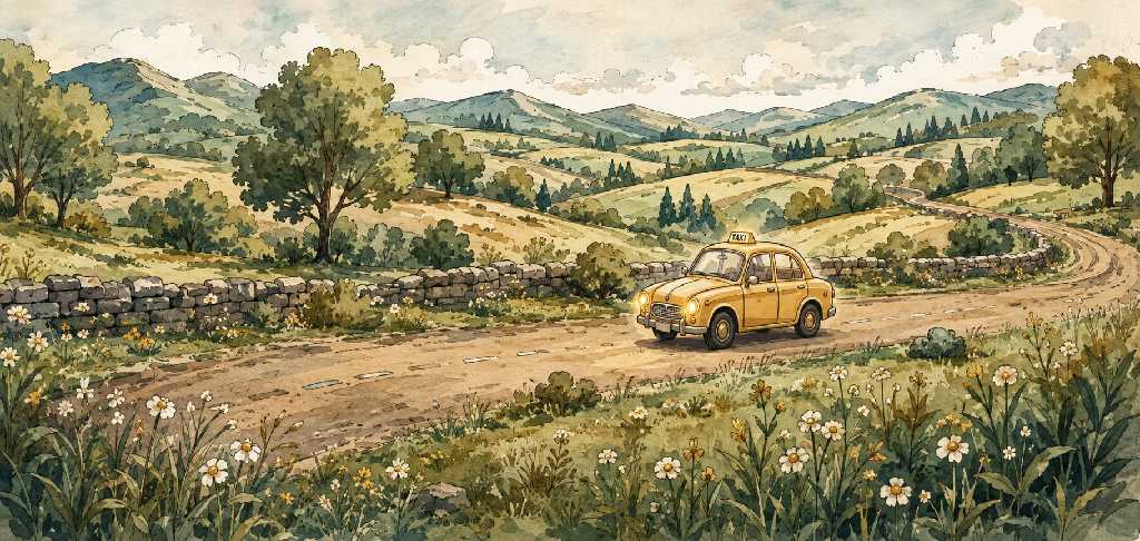 Illustrated road journey with taxi
