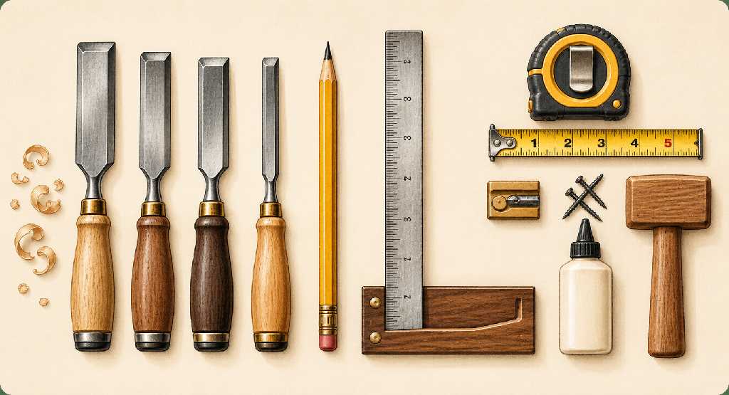 Chisels, pencil, ruler and woodworking tools
